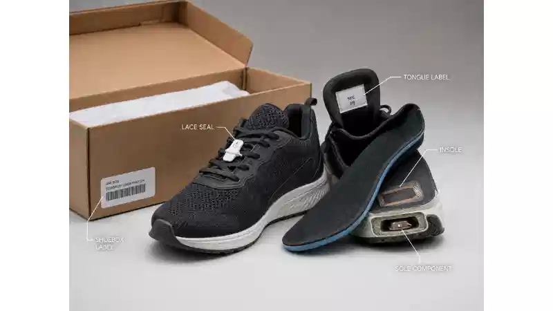 RFID footwear tag placement options on a shoebox, lace seal, shoe tongue, insole and sole component RFID footwear tag placement options on a shoebox, lace seal, shoe tongue, insole and sole component
